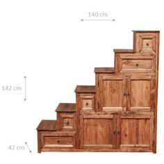 Mobile cassettiera a scala Country in legno massello di tiglio finitura naturale 140x42x142 cm 2