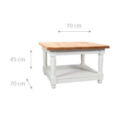 Mesa de centro country em madeira maciça de limão, estrutura branca antiga, tampo com acabamento natural 70x70x45 cm 2