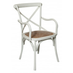 Sedia con braccioli  Thonet in massello di frassino finitura bianca anticata e seduta in paglia di Vienna 50x43x89 cm