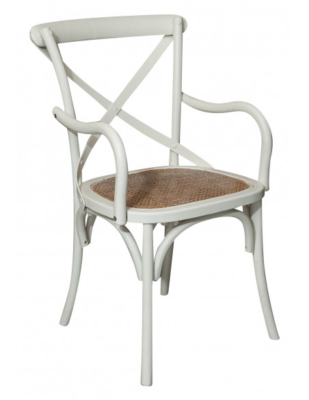 Sedia con braccioli  Thonet in massello di frassino finitura bianca anticata e seduta in paglia di Vienna 50x43x89 cm