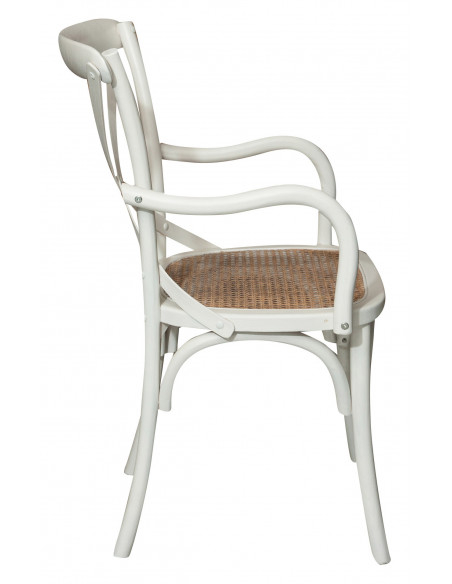 Sedia con braccioli  Thonet in massello di frassino finitura bianca anticata e seduta in paglia di Vienna 50x43x89 cm