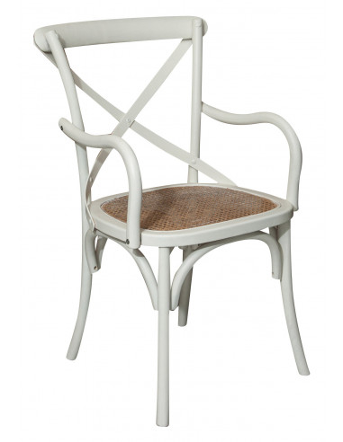 Sedia con braccioli  Thonet in massello di frassino finitura bianca anticata e seduta in paglia di Vienna 50x43x89 cm