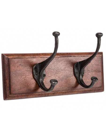 Attaccapanni da parete in legno massiccio e ferro forgiato a mano finitura noce 30x11x15 cm