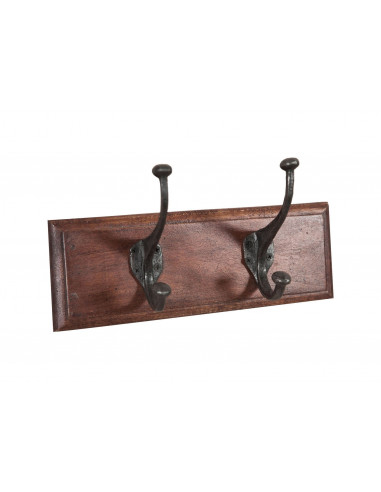 Attaccapanni da parete in legno massiccio e ferro forgiato a mano finitura noce 30x11x15 cm