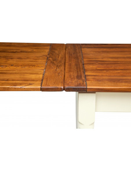 Mesa bicolor con extensiones hechas a mano Made in Italy en madera maciza. Detalle lateral con extensión abierta.