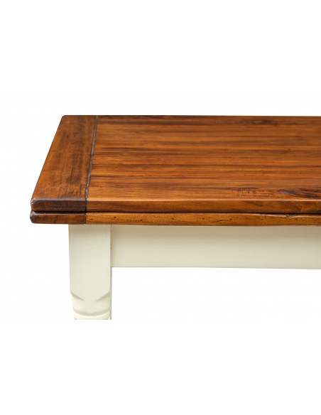 Mesa bicolor con extensiones hechas a mano Made in Italy en madera maciza. Detalle lateral con extensión cerrada.