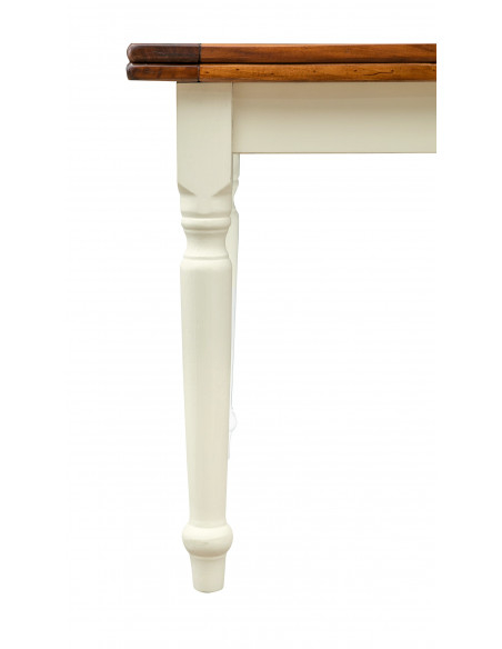 Mesa bicolor con extensiones hechas a mano Made in Italy en madera maciza. Detalle lateral con pierna.