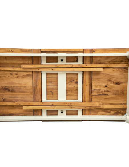 Mesa bicolor con extensiones hechas a mano Made in Italy en madera maciza. Detalle del mecanismo de las extensiones.