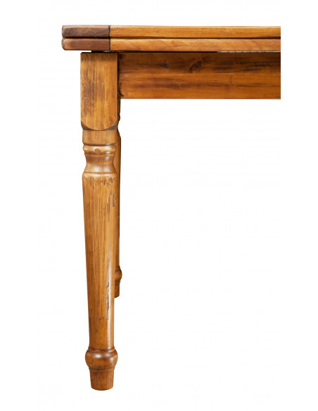 Mesa cuadrada con extensión de madera maciza. Hecho a mano, Hecho en Italia. Detalle lateral con pierna.