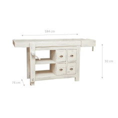 Banco da lavoro Country in legno massello di tiglio finitura bianca anticata L188xPR78xH92 cm - Biscottini.it 2