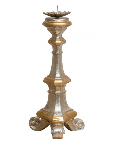 CANDELIERE IN LEGNO FINITURA FOGLIA ARGENTO E ORO  L19XPR19XH40 CM