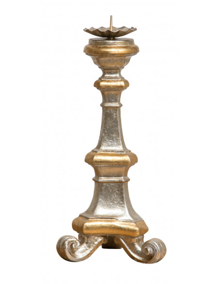 CANDELIERE IN LEGNO FINITURA FOGLIA ARGENTO E ORO  L19XPR19XH40 CM