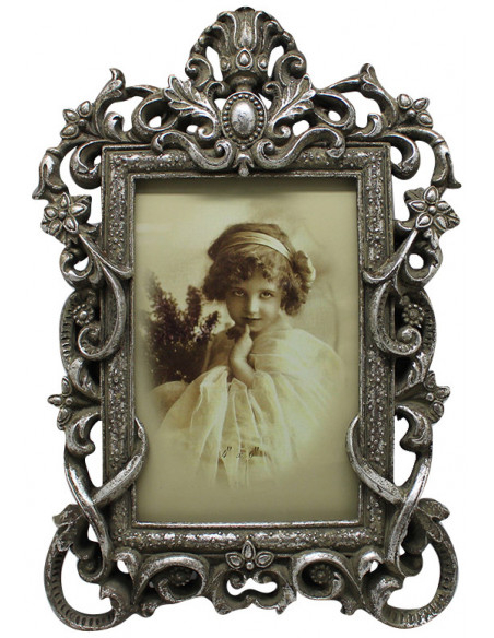 Portafoto da appoggio a cuore in resina finitura argento anticata L18xPR2xH27 cm