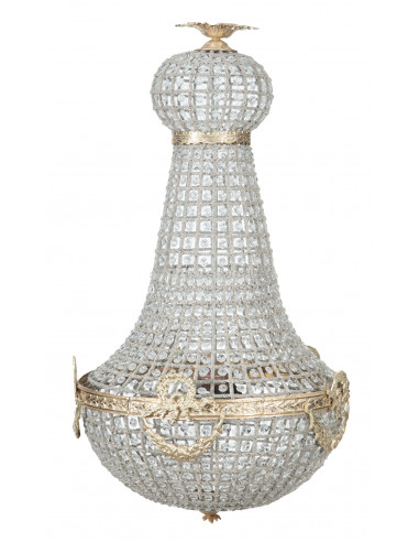 Lampadario in fusione di ottone e gemme in cristallo Diam. 50XH100 cm