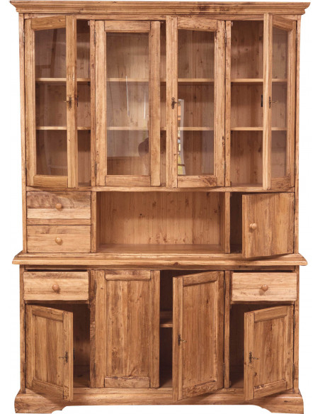 Vetrina Country in legno massello di tiglio finitura naturale 156x50x200 cm