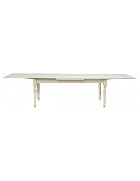 Table à rallonge style champêtre en tilleul massif, finition blanche antique L200xPR90xH80 cm