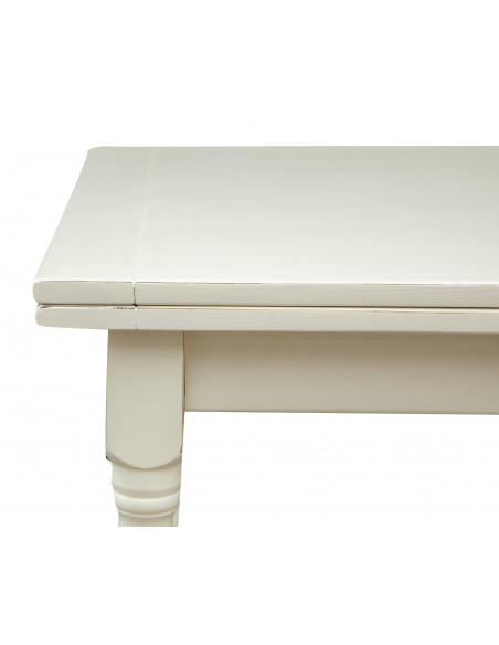 Table à rallonge style champêtre en tilleul massif, finition blanche antique L200xPR90xH80 cm