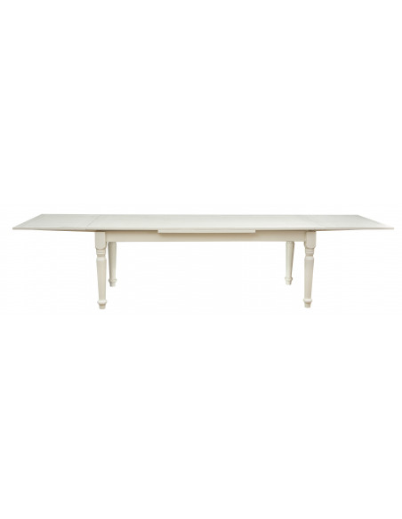 Table à rallonge style champêtre en tilleul massif, finition blanche antique L220xPR100xH80 cm