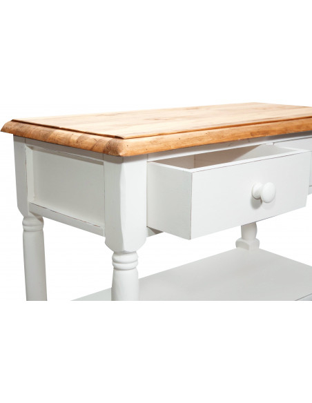 Tavolino Country in legno massello di tiglio struttura bianca anticata piano finitura naturale 80x38x80 cm
