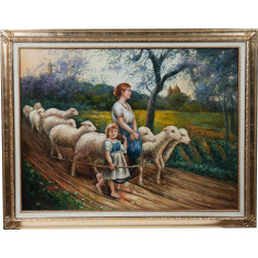 Dipinto a mano olio su tela con cornice in legno finitura foglia oro 140x3x110 cm
