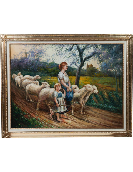 Óleo sobre tela pintado à mão com moldura de madeira, acabamento em folha de ouro, 140x3x110 cm
