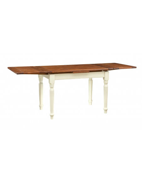 Table à rallonge style champêtre en bois massif structure blanche vieillie sur plan en noyer L120xPR80xH80 cm