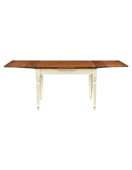 Table à rallonge style champêtre en bois massif structure blanche vieillie sur plan en noyer L120xPR80xH80 cm