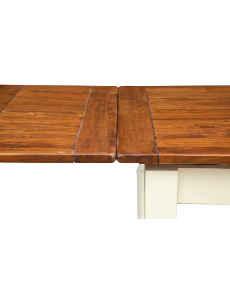 Table à rallonge style champêtre en bois massif structure blanche vieillie sur plan en noyer L120xPR80xH80 cm