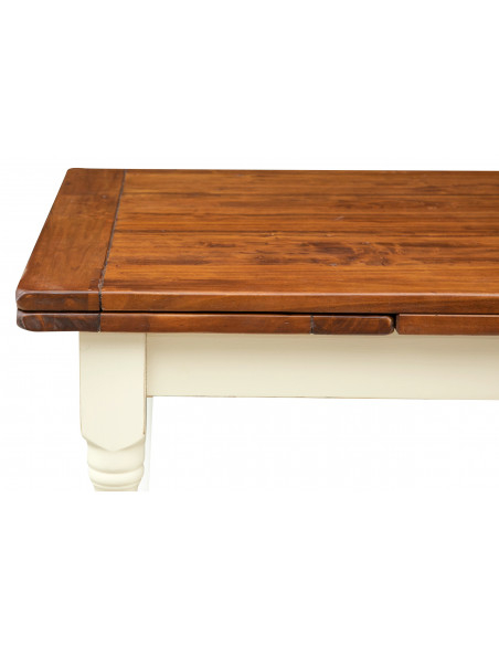 Table à rallonge style champêtre en bois massif structure blanche vieillie sur plan en noyer L120xPR80xH80 cm