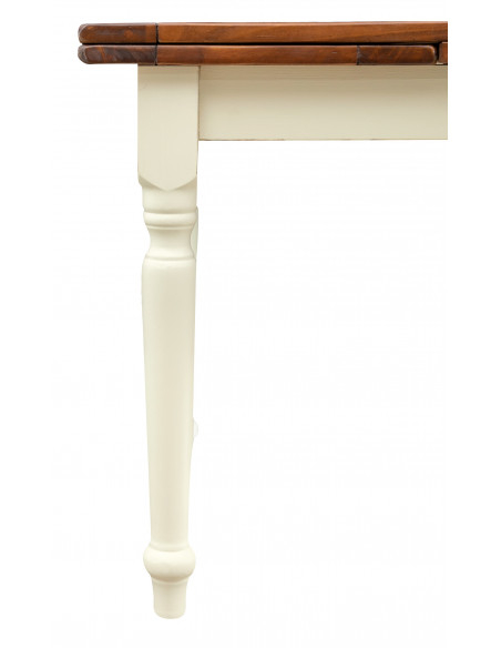 Table à rallonge style champêtre en bois massif structure blanche vieillie sur plan en noyer L120xPR80xH80 cm