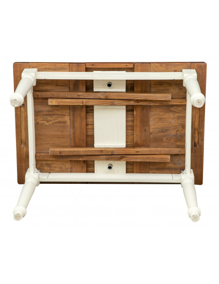 Table à rallonge style champêtre en bois massif structure blanche vieillie sur plan en noyer L120xPR80xH80 cm