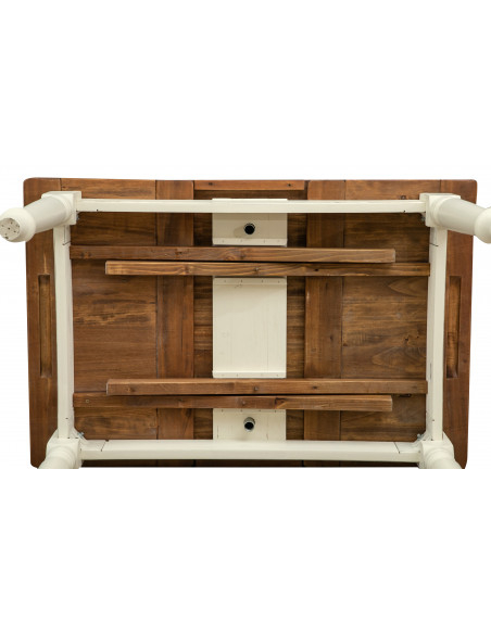 Table à rallonge style champêtre en bois massif structure blanche vieillie sur plan en noyer L120xPR80xH80 cm