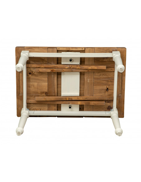 Table à rallonge style  champêtre en bois massif de tilleul avec structure antique blanche et plan en finition naturelle L120xPR