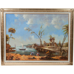 Óleo sobre tela pintado à mão com moldura de madeira, acabamento em folha de ouro, 140x3x110 cm