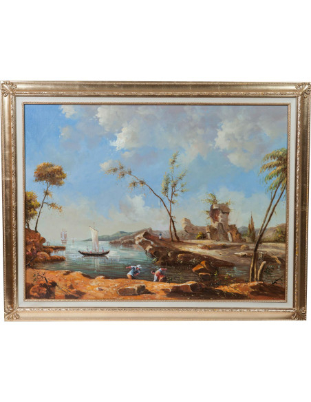 Dipinto a mano olio su tela con cornice in legno finitura foglia oro 140x3x110 cm