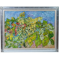 Óleo sobre tela pintado à mão com moldura de madeira, acabamento em folha de prata, 140x3x110 cm