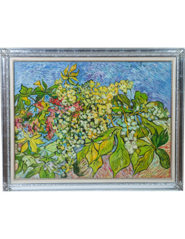 Óleo sobre tela pintado à mão com moldura de madeira, acabamento em folha de prata, 140x3x110 cm