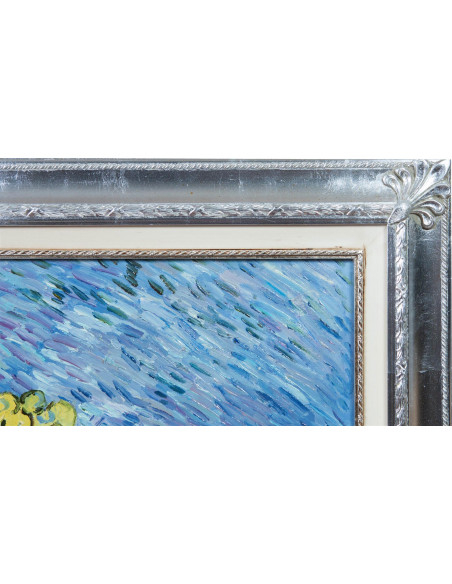 Óleo sobre tela pintado à mão com moldura de madeira, acabamento em folha de prata, 140x3x110 cm