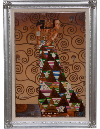 Dipinto a mano olio su tela con cornice in legno finitura foglia argento 80x3x110 cm