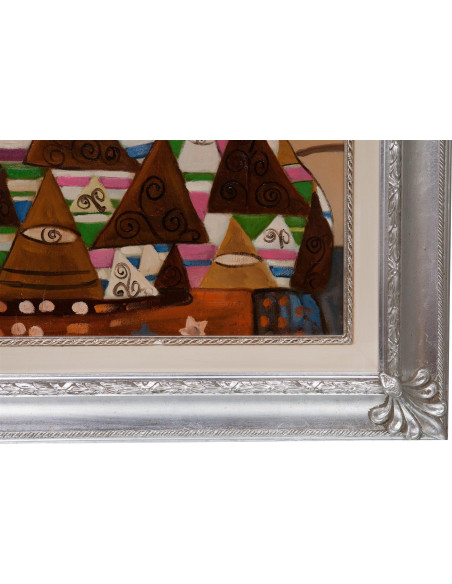 Dipinto a mano olio su tela con cornice in legno finitura foglia argento 80x3x110 cm