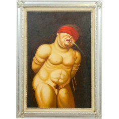 Óleo sobre tela pintado à mão com moldura de madeira, acabamento em folha de prata, 80x3x110 cm