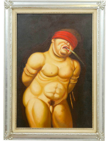 Dipinto a mano olio su tela con cornice in legno finitura foglia argento 80x3x110 cm