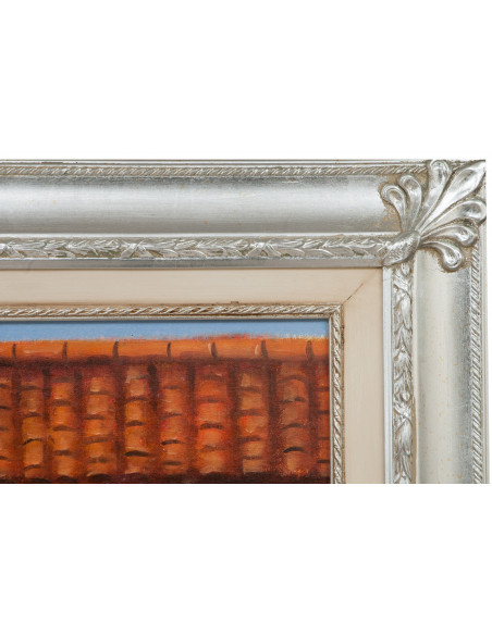 Dipinto a mano olio su tela con cornice in legno finitura foglia argento 140x3x110 cm
