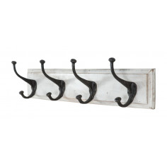 Attaccapanni da parete in legno massiccio e ferro forgiato a mano finitura bianco anticato 60x12x16  cm