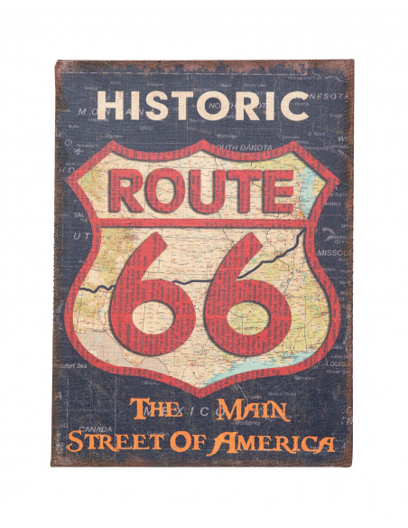 Impressão 'ROUTE 66' em tela de juta crua envelhecida L45xDP1,9xA60 cm