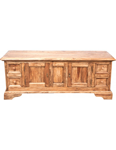 Mobile porta tv Country in legno massello di tiglio struttura bianca anticata piano finitura naturale 150x51x56 cm Mobile porta tv Country in legno massello di tiglio struttura bianca anticata piano finitura naturale 150x51x56 cm