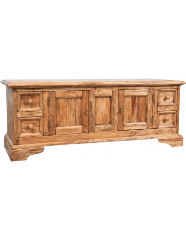 Mobile porta tv Country in legno massello di tiglio struttura bianca anticata piano finitura naturale 150x51x56 cm Mobile porta tv Country in legno massello di tiglio struttura bianca anticata piano finitura naturale 150x51x56 cm