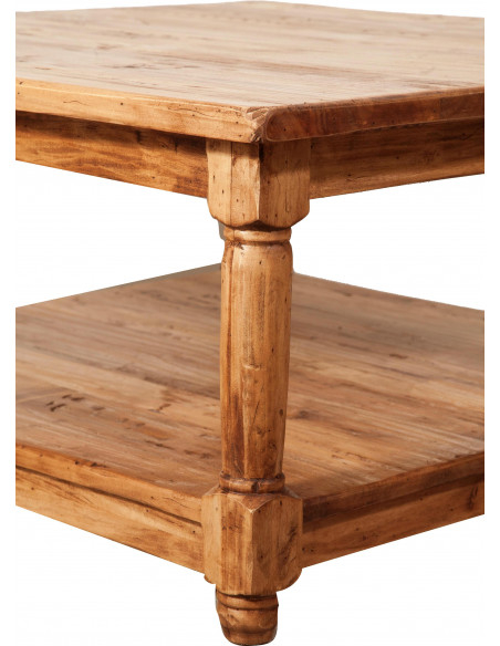 Mesa de centro country em madeira maciça de limão, acabamento natural 90x90x45 cm