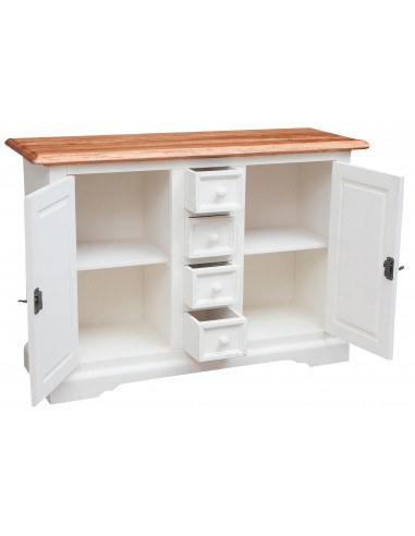 Credenza Country in legno massello di tiglio struttura bianca anticata piano finitura naturale 135x45x92 cm Credenza Country in legno massello di tiglio struttura bianca anticata piano finitura naturale 135x45x92 cm