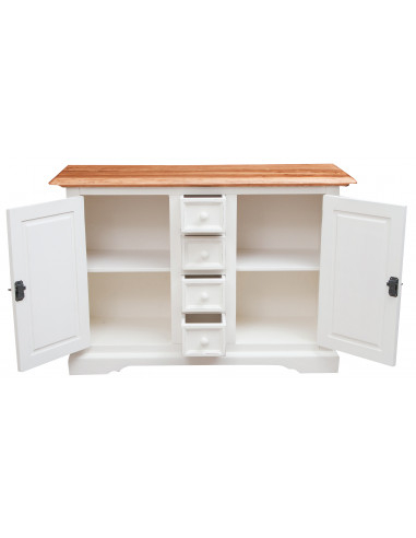 Credenza Country in legno massello di tiglio struttura bianca anticata piano finitura naturale 135x45x92 cm Credenza Country in legno massello di tiglio struttura bianca anticata piano finitura naturale 135x45x92 cm